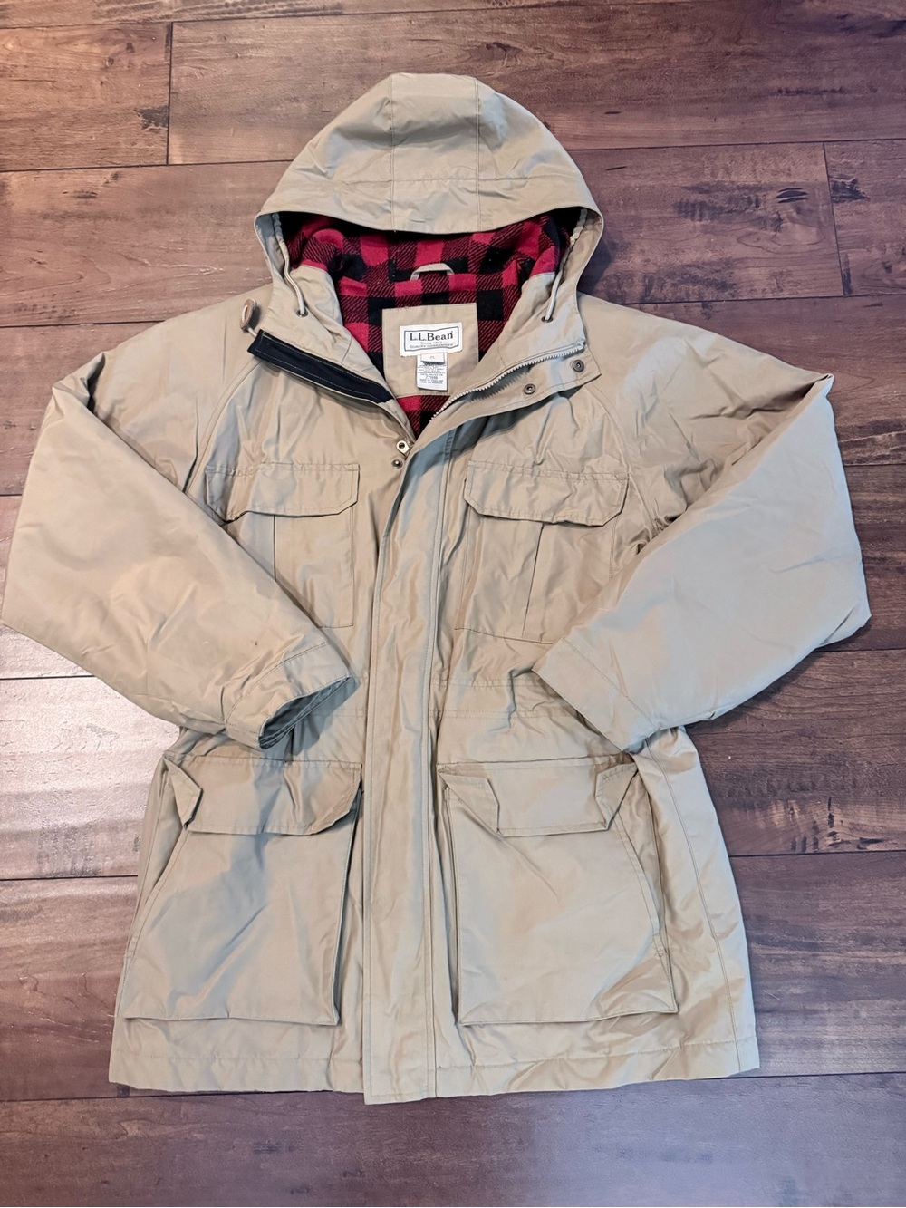 L.L. Bean Men's Hooded Field Parka in Tan with Red Plaid Lining